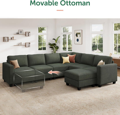 HONBAY Corduroy Modular Sectional Sofa with 5 Seaters, Sectional Corner Sofa with Chaise, L Shape Couches for Living Room, Green