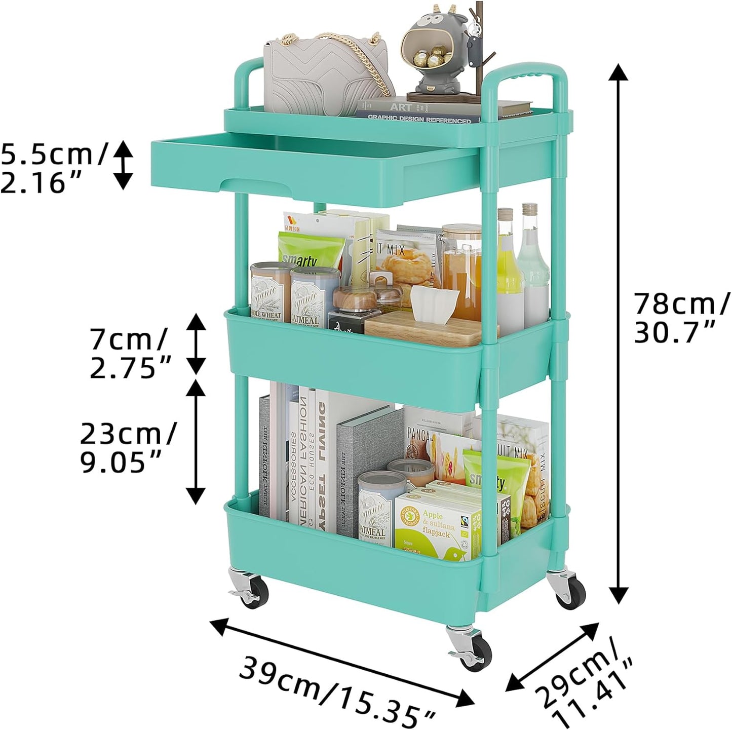 Calmootey 3-Tier Rolling Utility Cart with Drawer,Multifunctional Storage Organizer with Plastic Shelf & Metal Wheel,Storage Cart for Kitchen,Bathroom,Living Room,Office,Green