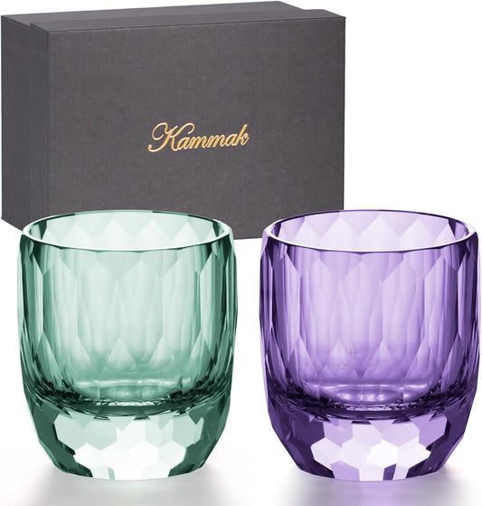 KAMMAK Crystal Whiskey Glasses Set of 2, 7oz Old Fashioned Glasses Stemless, Hand Blown Colored