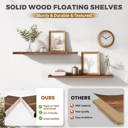 36"x6.8"x1.2" Solid Wood Floating Shelves 2-Pack - Rustic Brown Finish with Hidden Brackets, Perfect for Storage and Décor in Living Room, Kitchen, Bedroom