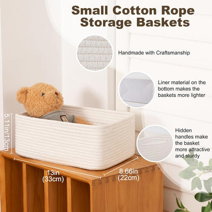 3 Pack Small Storage Baskets for Organizing, Cute Woven Decorative Gift Baskets for Shelves, Mini Closet Organizer Bins with Handles-13''Lx8.66''Wx5.11''H-White