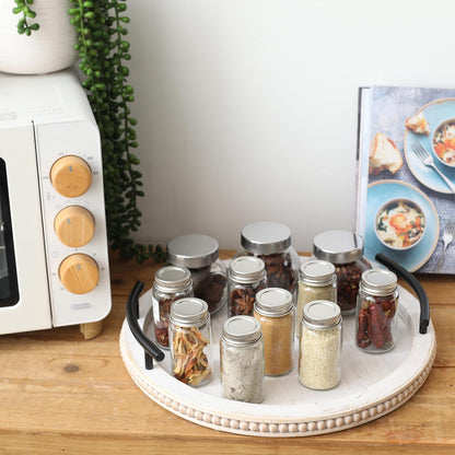 SwallowLiving White Wooden Beaded Serving Tray with Handle Decorative Rustic Whitewashed Tray for Coffee Table Farmhouse Round Tray for Kitchen, Living Room and Bedroom
