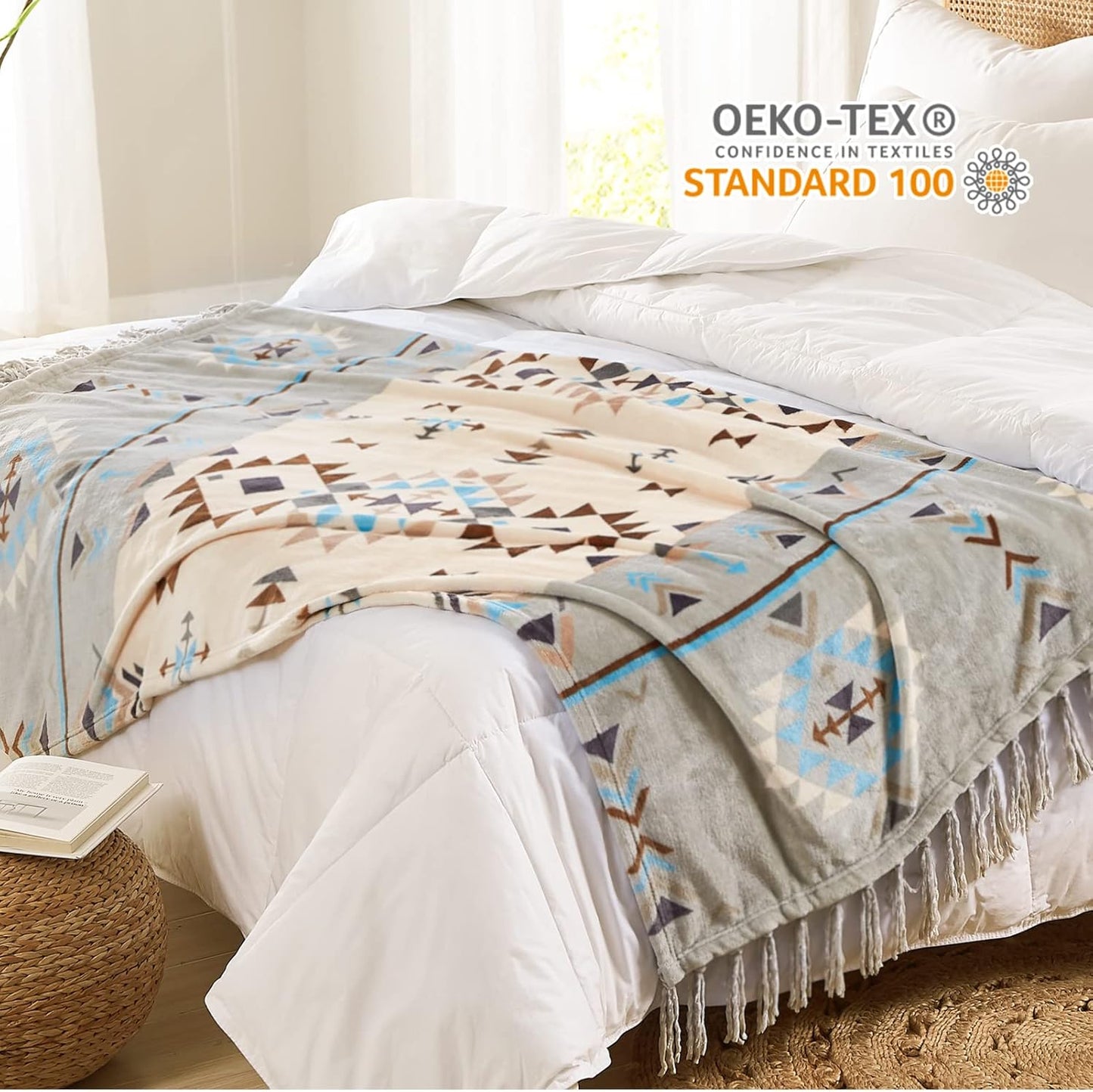 CASAAGUSTO Boho Throw Blanket - Green and Beige Decorative Blankets with Tassel, Printed Flannel Bohemian Blanket for Chair, Bed, Sofa, Couch(50 * 60, Green and Beige)