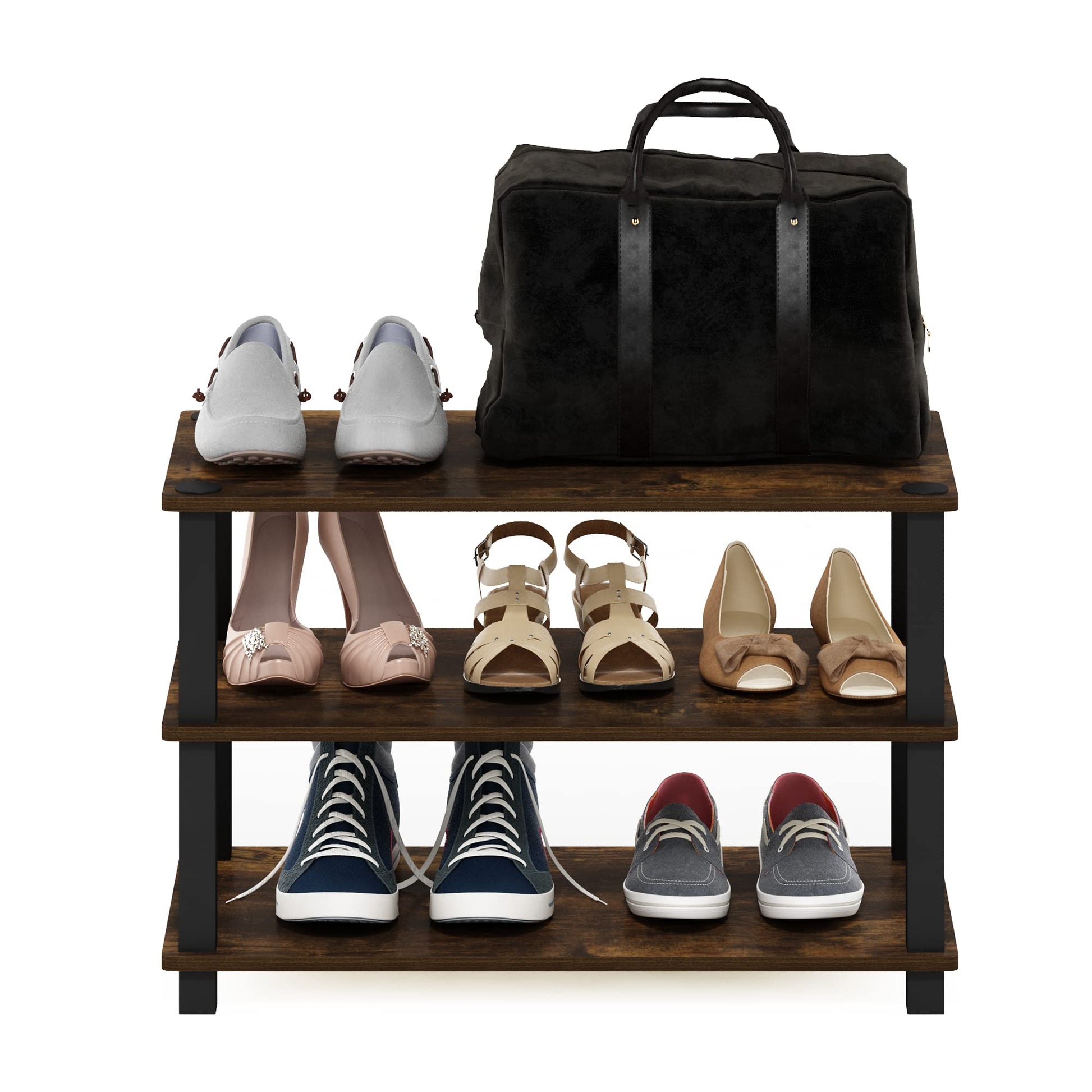 Furinno Turn-S-Tube 3-Tier Shoe Rack, Amber Pine/Black