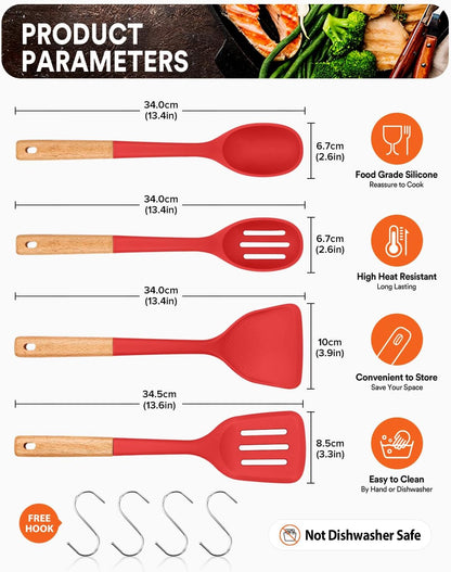 Silicone Cooking Utensils Set, Perfectly Angled for Frying, Mixing,Serving,Draining,Turning and Stirring, BPA-Free Matte Silicone, Wood Handles, Safe for Nonstick Cooking Surfaces,4 Pack (Red)