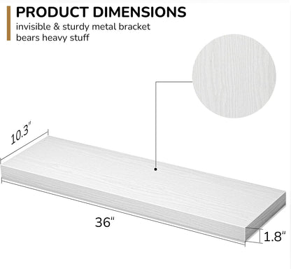 Floating Shelves - 10.3 Inch Deep Wall Shelf for Decor & Storage - Wall Mounted Display Shelving with Invisible Heavy-Duty Metal Bracket - 36" W x 10.3" D x 1.8" H - Set of 1 - Rustic White