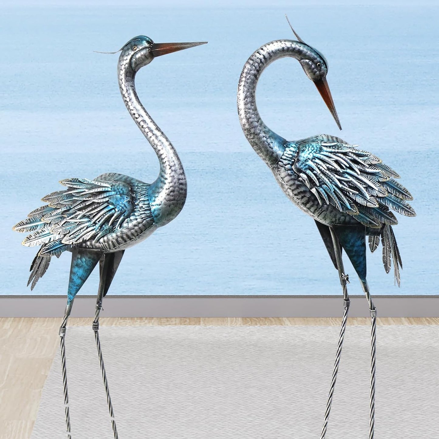 Crane Decor Statues, Blue Heron Garden Statues Metal Yard Art Outdoor Decoy, Garden Sculptures for Yard/Lawn/Pond/Outdoor Decoration, Set of 2