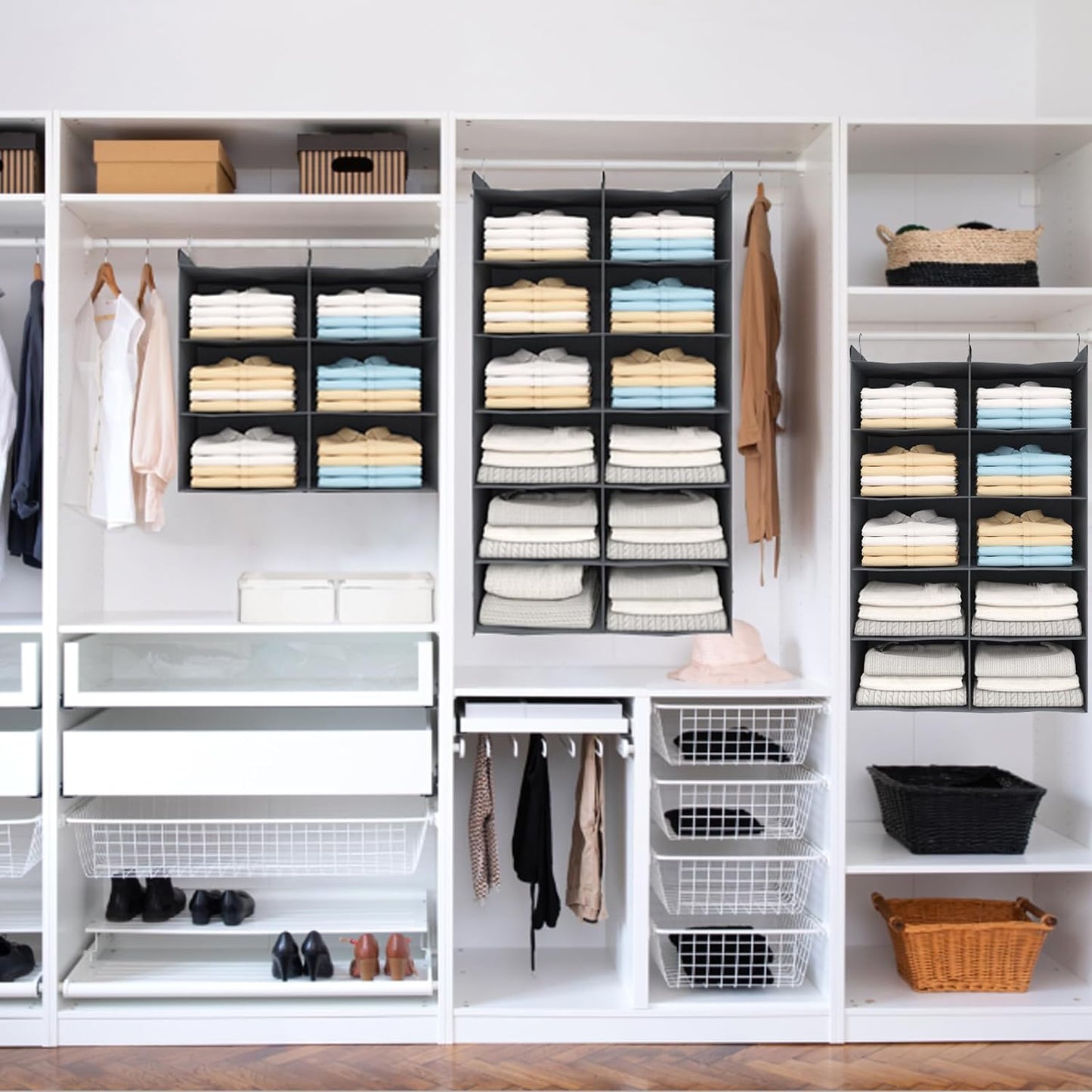 4 Tier Shelf Hanging Closet Organizer, Dual-Row 8 Pocket Cloth Hanging Shelf with 3 Sturdy Hooks for Storage, Foldable (Grey)