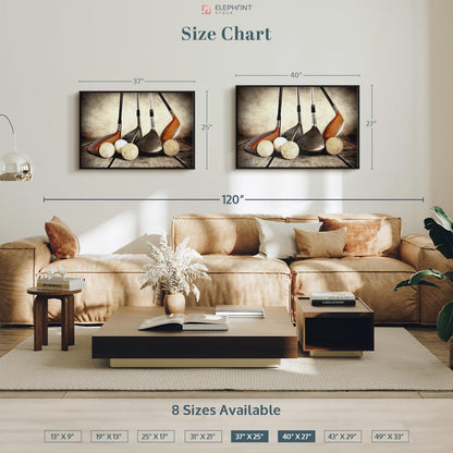 Elephant Stock Golf Sets Wall Art - Horizontal Framed Canvas - 1-Piece Mancave Wall Decor - Photography Sports Canvas Print - Yellow and Brown Decor for Wall - 37" X 25"