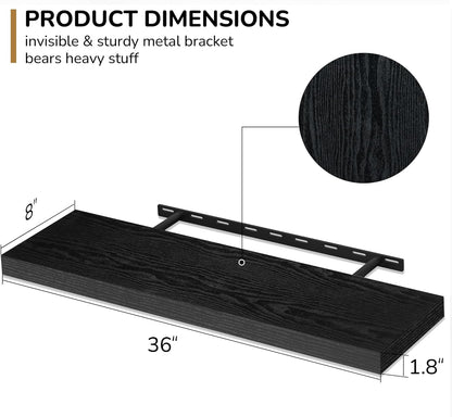 Fun Memories 36 Inch Floating Shelves - Deep Rustic Black Wooden Wall Shelves - Extra Deeper & Thicker Wall Mounted Storage Shelf for Bedroom, Kitchen, Farmhouse - 2 Pack, Rustic Black