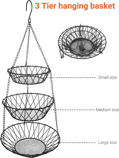 3 Tier Hanging Basket with Sturdy Metal Chain Hanging Hooks Fruit and Vegetable Basket Heavy Duty Wire Organizer Space Saving Rustic Country Style Kitchen Storage