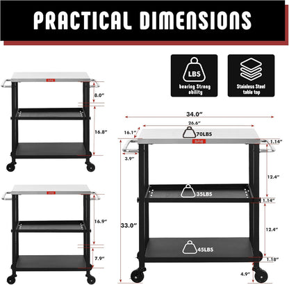 3-Shelf Grill Table,Pizza Oven Stand with Adjustable Shelf, Movable Grill Cart, for Outside,Outdoor Bar Cart with Wheels,Stainless Steel Tabletop,L34xW16.1