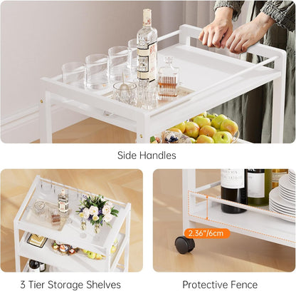 HITNET White Bar Cart, Home Bar Serving Cart, Kitchen Trolley on Wheels with Storage, 3 Tier Rolling Beverage Cart for Living Room Kitchen Home Office