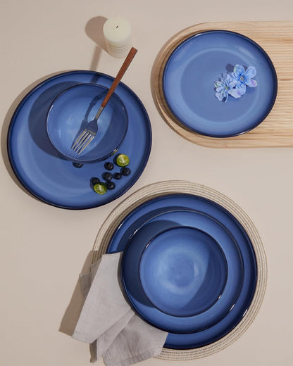 Blue Stoneware Dinnerware Set, 12 pcs Reactive Glaze Plates and Bowls Sets, Handmade Round Dishes Set for 4, Highly Chip and Crack Resistant Modern Plate Set
