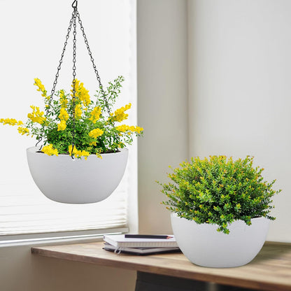 8 inch Small Hanging Planters for Indoor Outdoor Plants, 2 Pack Hanging Flower Pots with Drainage Holes and Chain for Garden Porch Plants, Plastic Hanging Baskets for House Plants, White
