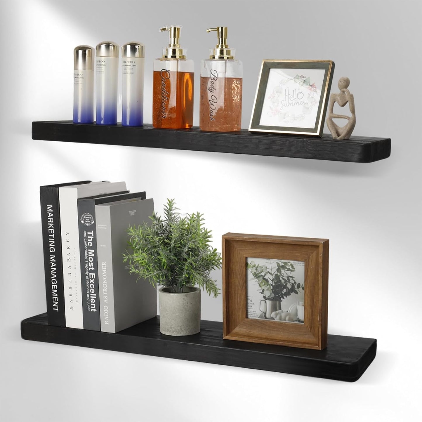 Solid Wood Floating Shelves Set of 2 - Natural, Warp & Crack Resistant 17.72 Inch Wall Shelf with Invisible Brackets Thicker, More Durable for Bathroom, Bedroom, Kitchen, Living Room (Black, 17.72)