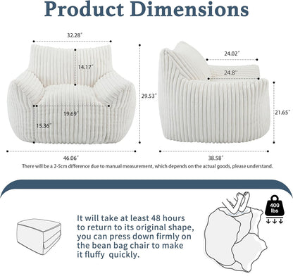 Giant Plush Bean Bag Chair for Adults with Armrests - Oversized Comfy Beige Beanbag Lounge Lazy Floor Sofa Accent Chair for Living Room, Bedroom & Dorm, Cozy Fluffy Single Cloud Mini Couch