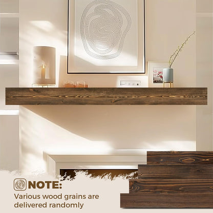 72x8x3 Fireplace Mantel - Handcrafted Hollow Rustic Solid Wood Wall Mounted Floating Shelf with Invisible Heavy Duty Wood Bracket (Weathered Brown)