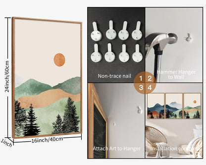 SIGNINART Boho Mountains Framed Canvas Wall Art Set of 3, Watercolor Nature Landscape Art Prints, Neutral Modern Sunrise Art Paintings, Green Forest Wall Decor for Living Room Bedroom Office 24"x36"x3