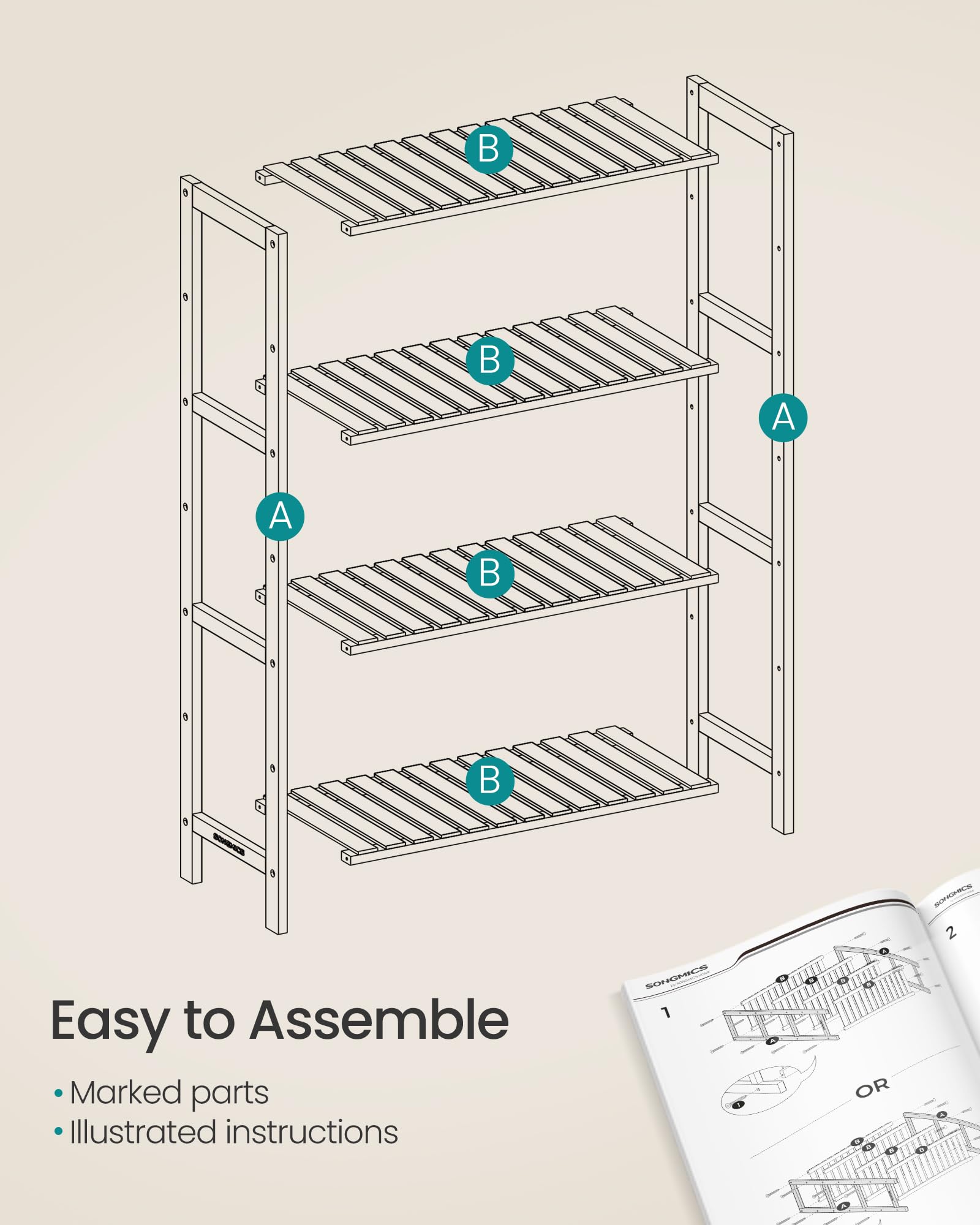 SONGMICS 4-Tier Bamboo Shelf, Freestanding Bathroom Storage Rack