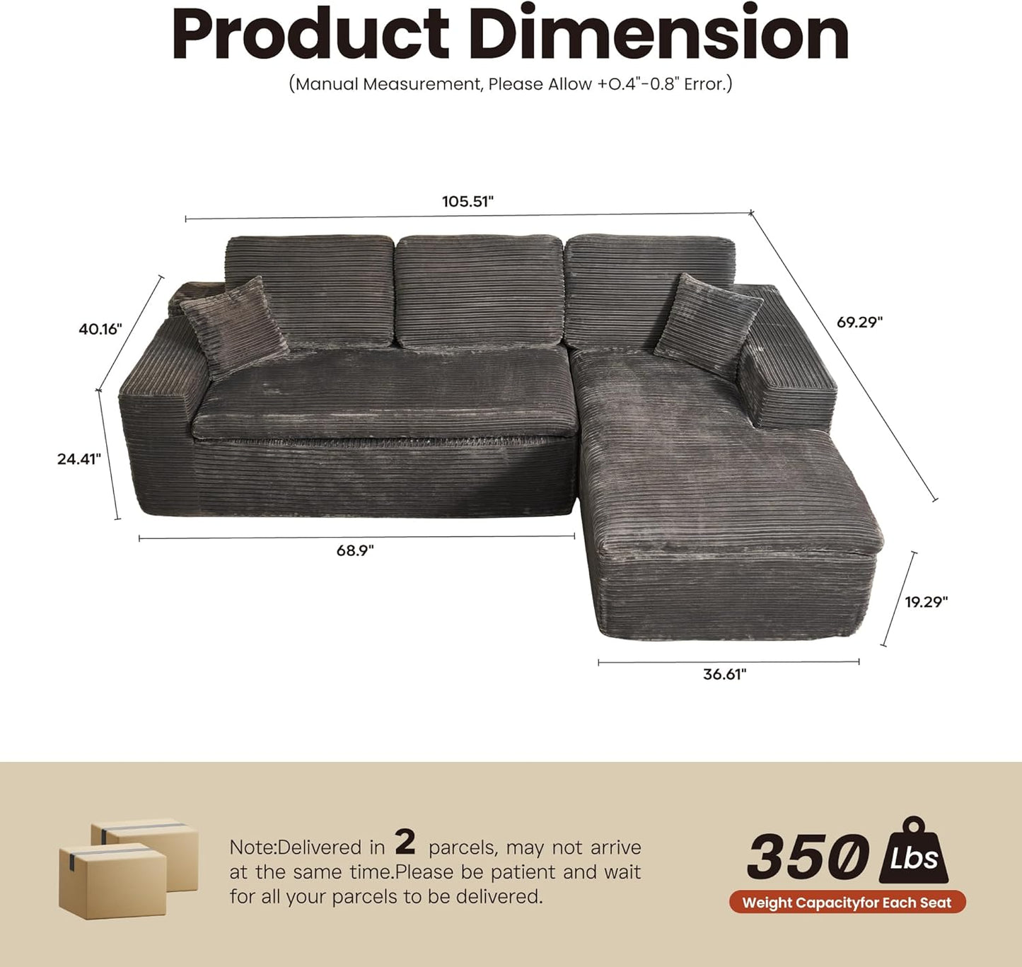 ovios 105” Modular Sectional Sofa with Thicken Seat Cushion, Cloud Couch with Deep Seat, Modern L-Shape Sofas Couches with Chaise,Upholstered Couches for Living Room Bedroom,Grey