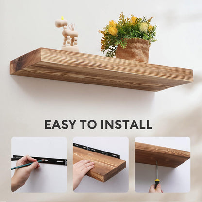 Fun Memories European Pine Floating Shelves for Wall, Mounted Shelf for Decor Storage Set of 2 - Natural Rustic Wooden Wall Shelf for Kitchen Bathroom Living Room Bedroom Farmhouse - Carbonized