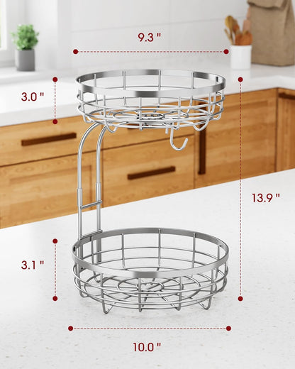 Fruit Basket for Kitchen Counter - 2-Tier Large Capacity Fruit Bowl with Detachable Banana Hanger, Rust-Proof Metal Fruit Holder for Vegetables, Bread, Toiletry,10" D x 10" W x 14" H, Silver.