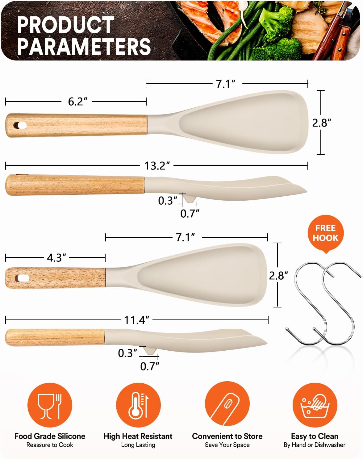 Multifunction Spatula Spoon for Nonstick Cookwares, Great for Cooking and Serving, Sturdy BPA-Free Matte Silicone, Wood Handle Spatula for Mixing, Scoop, and Scrape, Khaki(2 pack,11.4" & 13.4")