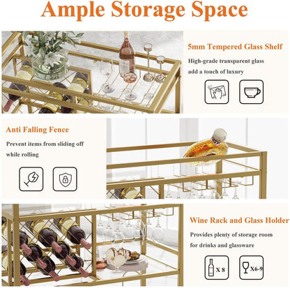 FATORRI Bar Cart Gold, Home Bar Serving Cart with Wine Rack and Glasses Holder, Wine Carts on Wheels with 3 Tier Mirrored Shelves for Liquor and Beverage (Gold)
