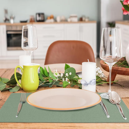 MANSPHIL Sage Green Cloth Placemats Set of 4, Washable Thick Faux Linen Place Mats Heat Resistant Double Layer Table Mats for Dining Kitchen Indoor Outdoor Use - 13x19 Inch