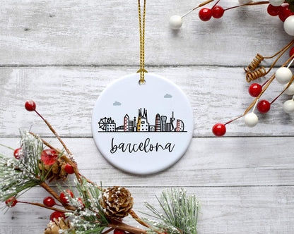Andaz Press Round Ceramic Porcelain Christmas Tree Ornament Keepsake Gift, Barcelona, Colorful International City Skyline Graphic 1-Pack Birthday Family Coworker, Gift Box Barcelona Christmas Ornament