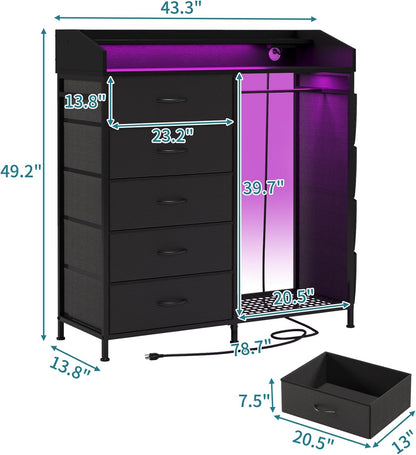 LUMTOK 2-in-1 Dresser with Hanging Racks,5 Fabric Drawers Dressers with LED Lights, Charging Station for Bedroom Living Room, Entryway, Closets (Black)