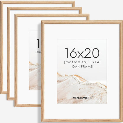16x20 Picture Frame Set of 4 Natural Solid Oak Photo Frames with 11x14 Removable Mat Wall Hanging Large Handcrafted Frame with HD Plexiglass Wall and Tabletop Display Large Poster Frame