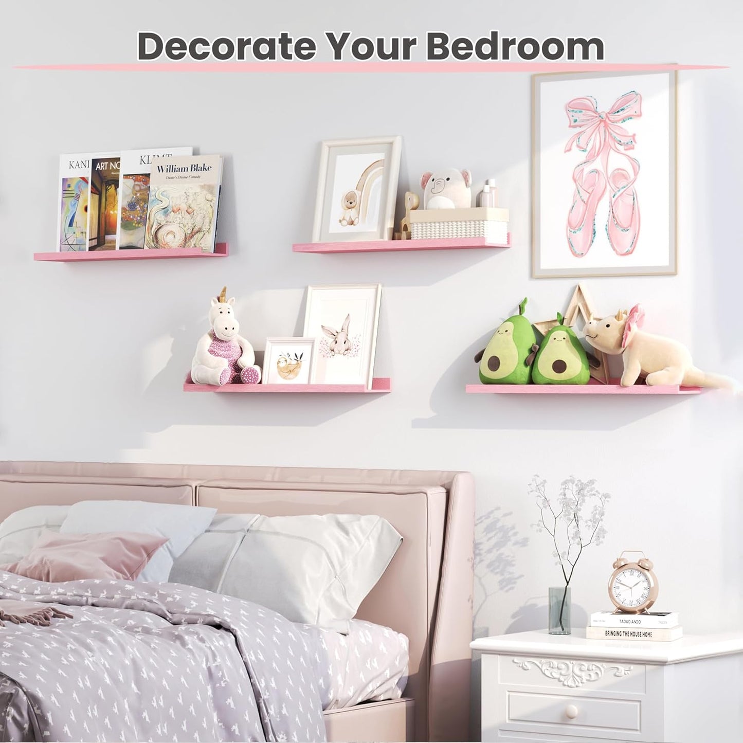 upsimples Pink Shelves for Wall, Kawaii Room Decor for Teen Girls, Bedroom, Living Room, Game Room, 6 Pack 23.6 inch Long Wall Mounted Wood Shelves for Picture, Plants