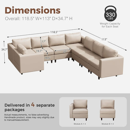 118.5" Faux Leather Modular Sectional Sofa, U Shaped Couch Set for Living Room, Large 8-Seater Comfy Cloud Couches with Storage Seat DIY Combination - Whitesand