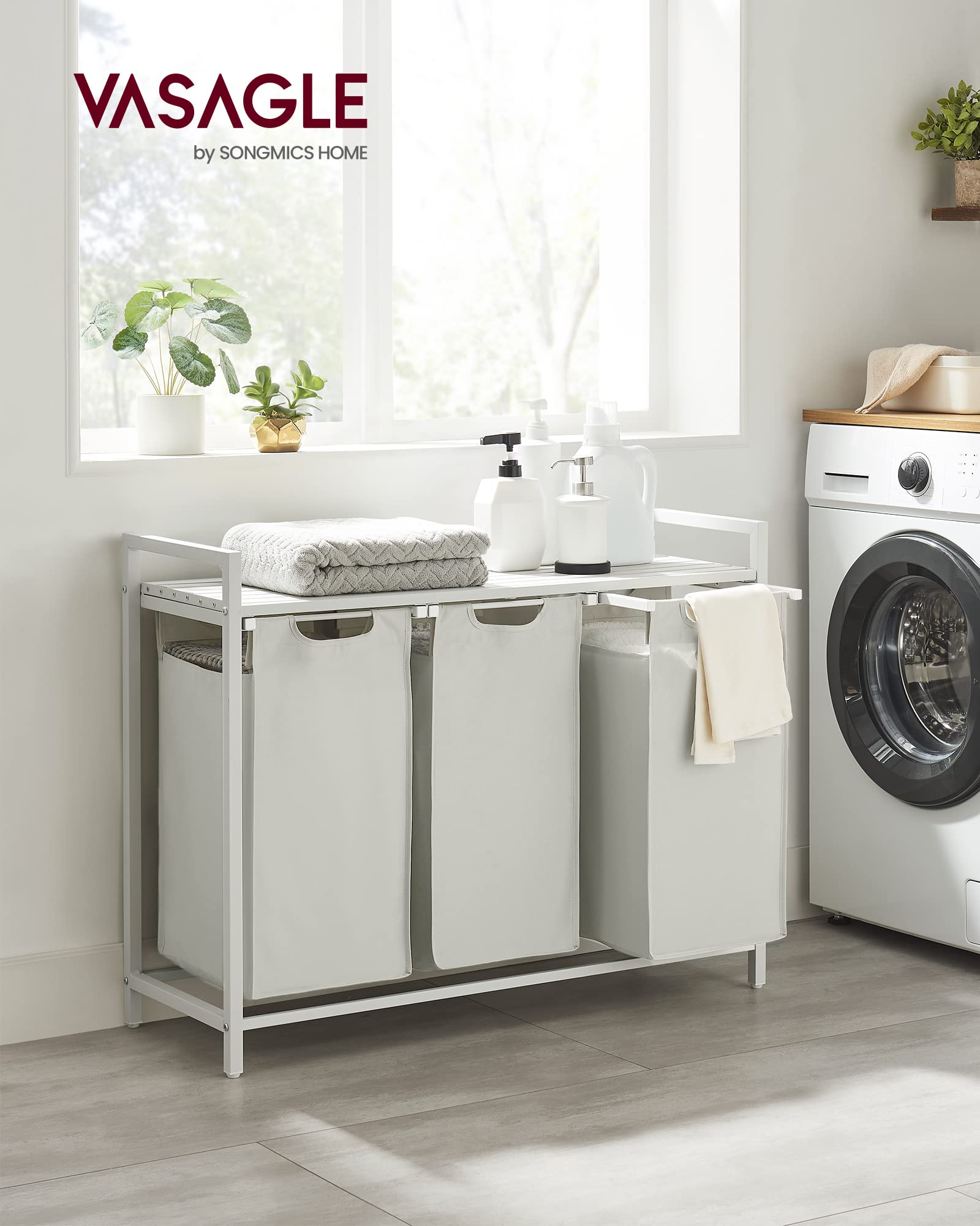 VASAGLE Laundry Hamper, Laundry Basket, Laundry Sorter with 3 Pull-Out and Removable Bags, Shelf