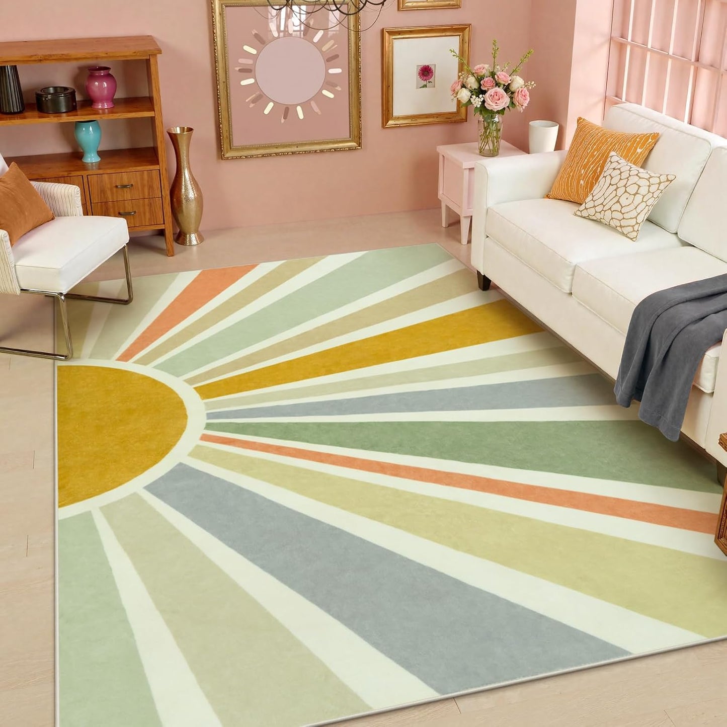 STARUIA Boho Machine Washable 6x9 Area Rugs for Living Room, Soft Non-Slip Large Sun Rainbow Nursery Kids Rug for Bedroom, Colorful Throw Rug Carpet for Classroom Office Dining Room(Monet,6'x9')