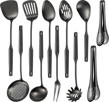 304 Stainlss Steel Matte Kitchen Utensils Set, 11 Pcs Long Metal Cooking Utensil Gadgets Tools Set with Spatula, Ladle, Spoon, Ladle, Skimmer, Tunner, Pasta Server, Tongs(Black, Dishwasher Safe)