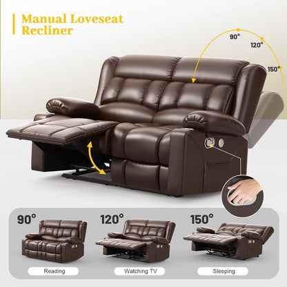 RV Loveseat Recliner Sofa, PU Leather RV Reclining Loveseat with USB Charge Ports, Cup Holders, 2 Seater Manual Pull Tab Recliner Sofa Couches for Living Room/RV, Brown