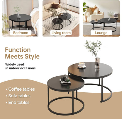 Coffee Tables for Living Room, Black Modern Decorative Coffee Center Table Set of 2, Sintered Stone Top & Sturdy Metal Base,for Living Room, Bedroom, Apartment