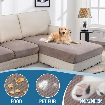 H.VERSAILTEX Velvet Stretch Sectional Couch Covers 4 Pieces Sofa Seat Cushion Covers L Shape Separate Cushion Couch Cover for Both Left/Right Couch (Large Sofa 3 Seater + 1 Chaise, Taupe Striped)