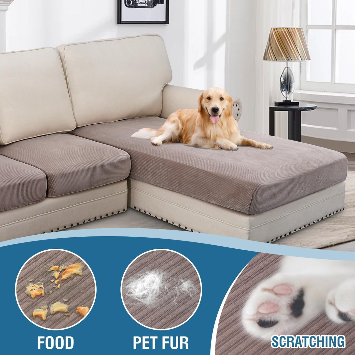 H.VERSAILTEX Velvet Stretch Sectional Sofa Covers - 3 Pieces, L-Shaped Chaise, Taupe Striped