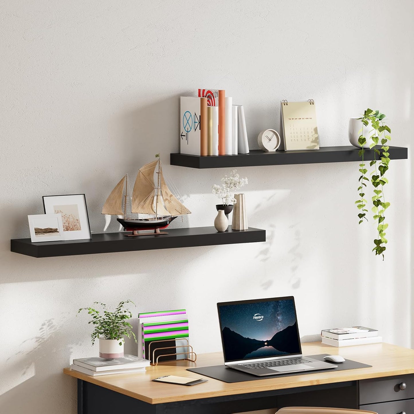 HOOBRO Floating Shelves for Wall, Wall Mounted Shelf Set of 2, 39.4" Hanging Shelf with Invisible Brackets, for Wall in Bathroom, Bedroom, Toilet, Kitchen, Livingroom, Office, Black BK100BJP201