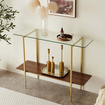 Glass Console Table for Living Room, Foyer & Entrance, 2-Tiers Mid-Century Modern Sofa Table with Clear Glass Top, Walnut Finish Wood Top and Gold Finish Metal Frame
