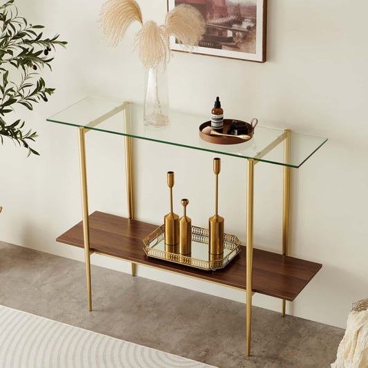 Glass Console Table for Living Room, Foyer & Entrance, 2-Tiers Mid-Century Modern Sofa Table with Clear Glass Top, Walnut Finish Wood Top and Gold Finish Metal Frame