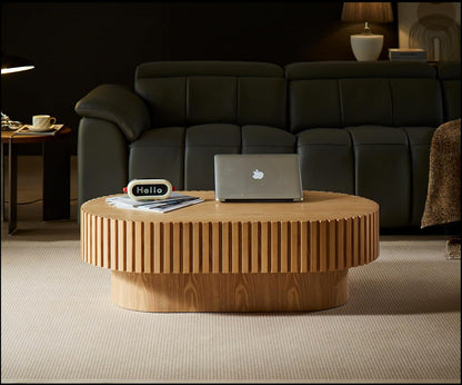 43.7" Oval Coffee Table for Living Room,Modern Handcraft Drum Coffee TableSmall Wooden Coffee Table with Sturdy Pedestal Easy Assembly for Office-Natural