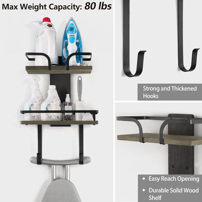VINAEMO Ironing Board Hanger Wall Mount, 2-Layer Iron and Ironing Board Holder, Laundry Room Shelves Solid Wood with Removable Hooks Home Organization and Storage