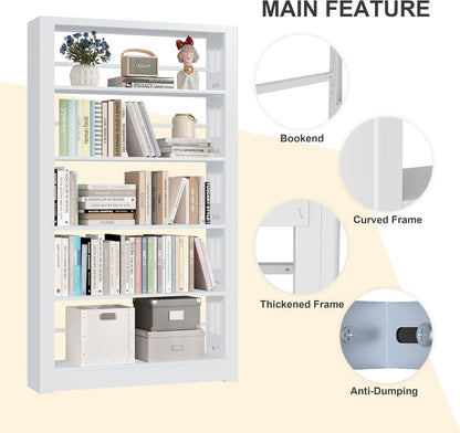 Heavy Duty Metal Bookshelf, 5 Shelf Adjustable Bookcase, 69’’ Tall Modern Bookshelves, Open Book Shelf Organizer, Large Sturdy Book Case for Living Room, Library, Office, White Book Shelf