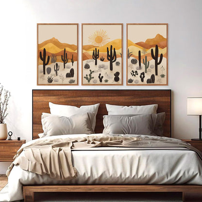 KAIRNE Cactus Canvas Wall Art,Desert Landscape Paintings,Aesthetic Abstract Prints Set of 3(16”X24”),Minimalist Farmhouse Wall Decor,Abstract Boho Artwork for Living Room Bedroom Office Decoration
