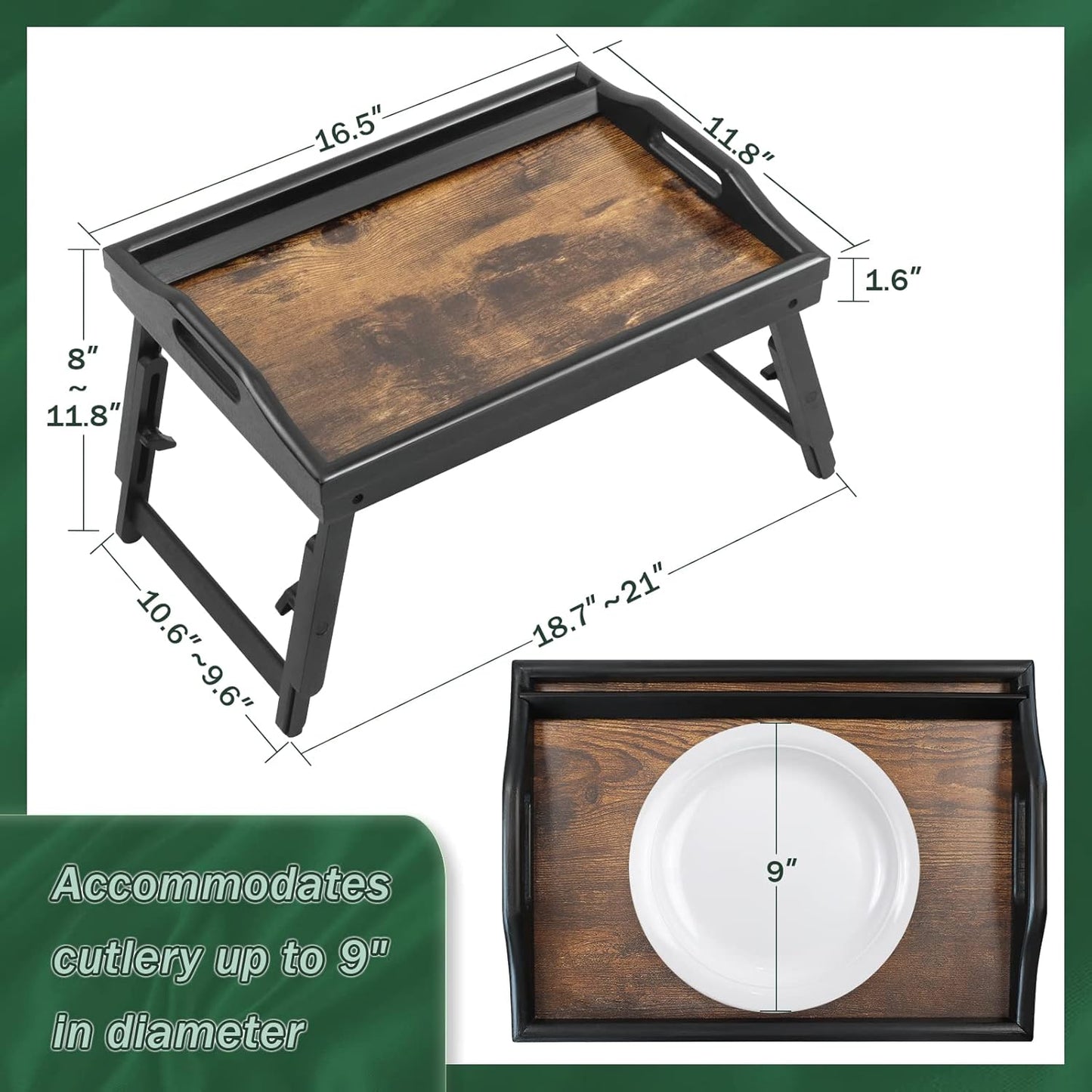 2 Pack Bed Tray Table Breakfast Trays Serving Tray Adjustable Height for Eating Bamboo Bed Laptap Floding Legs with Handles and Phone Holders